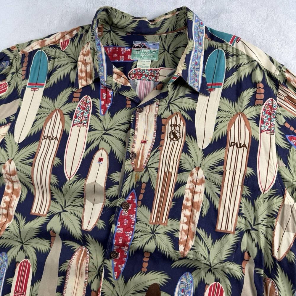 Vtg Reyn Spooner Casual Button Up Shirt Mens L Surfboards Chic Pua Waikiki Beach